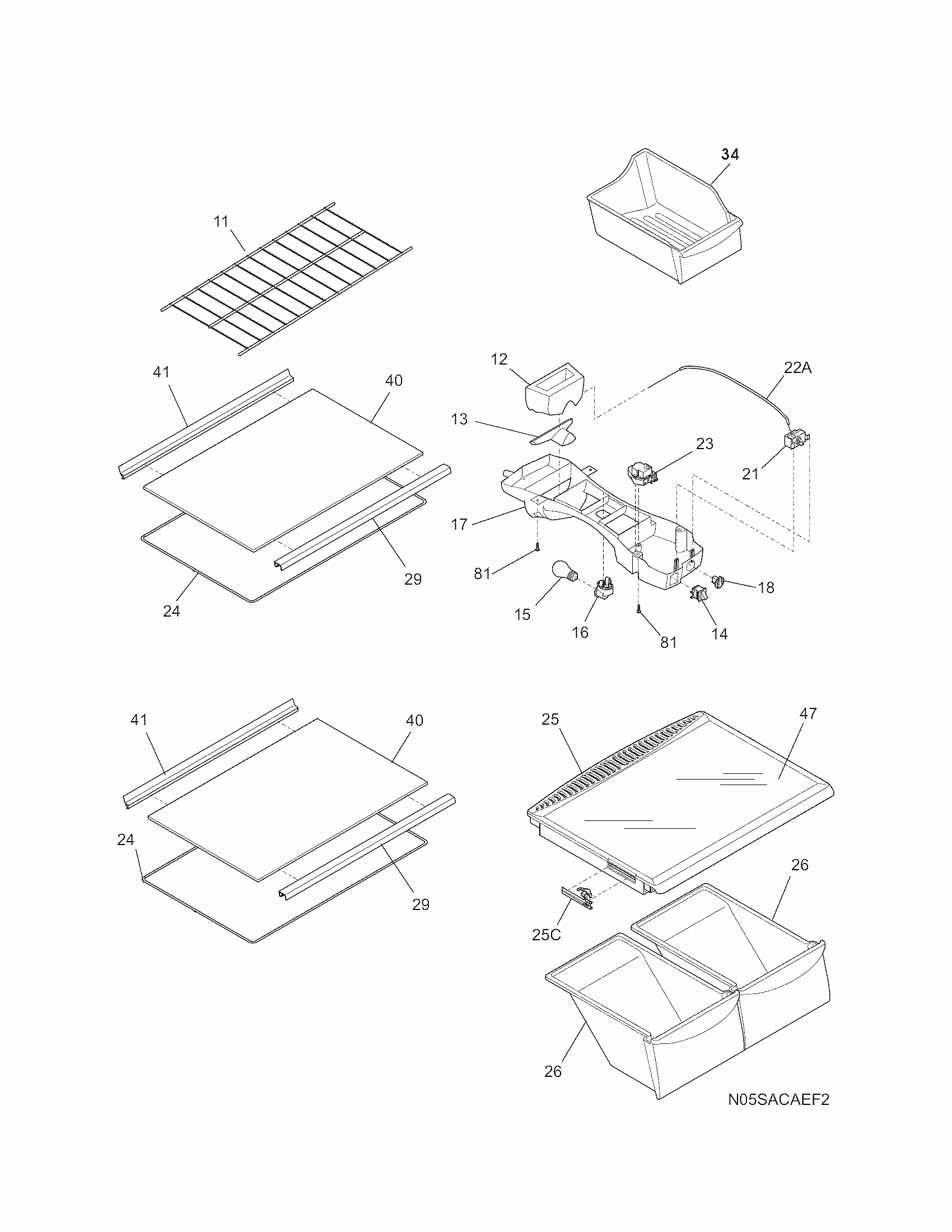Shelves Diagram and Parts List for 2537888301F  Kenmore Refrigerator
