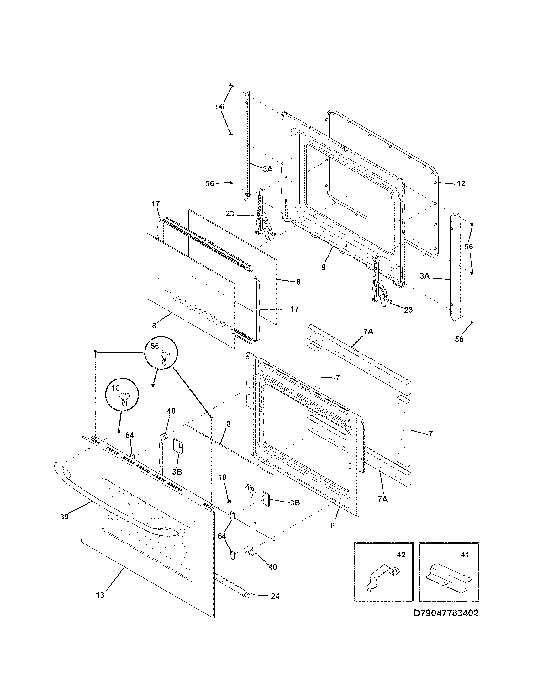 Door Diagram and Parts List for 79047783405  Kenmore Wall Oven