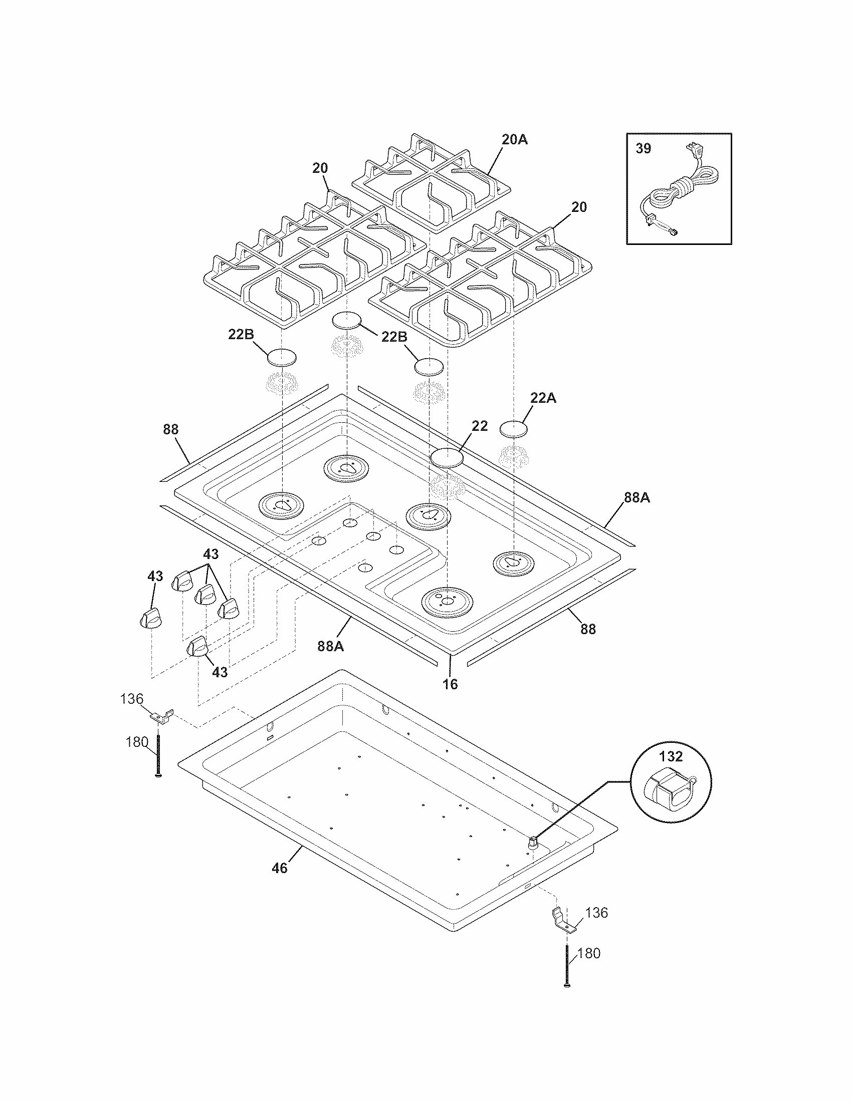 Maintop Diagram and Parts List for 79032432900  Kenmore Cooktop