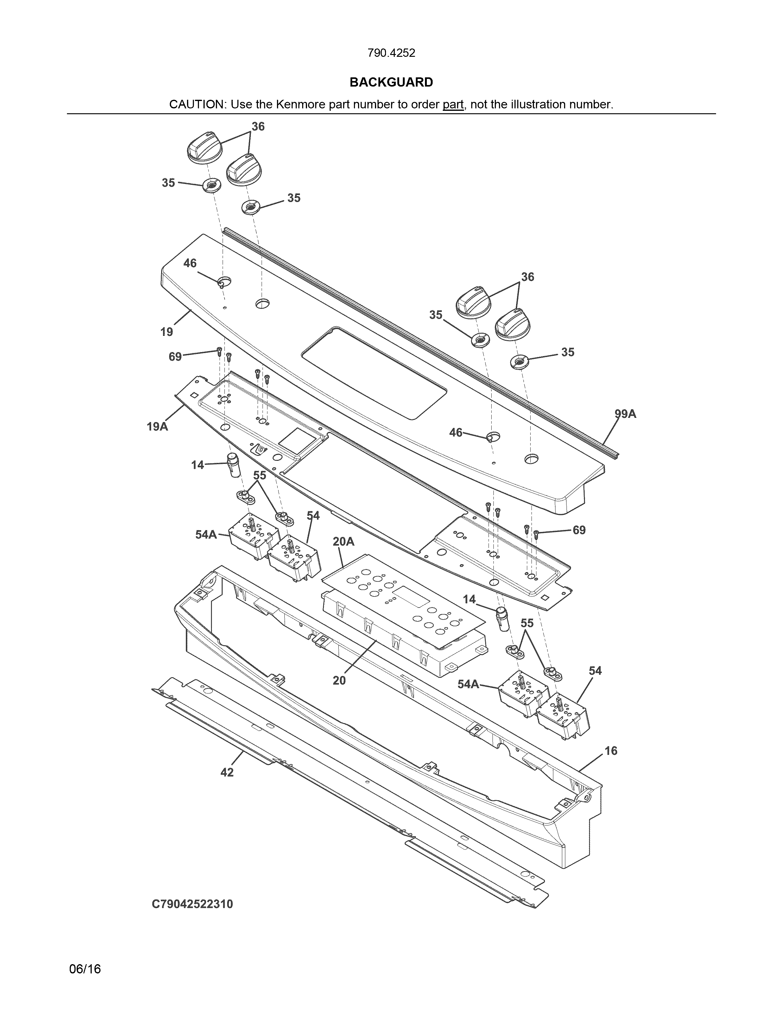 Backguard Diagram and Parts List for 79042529317  Kenmore Range