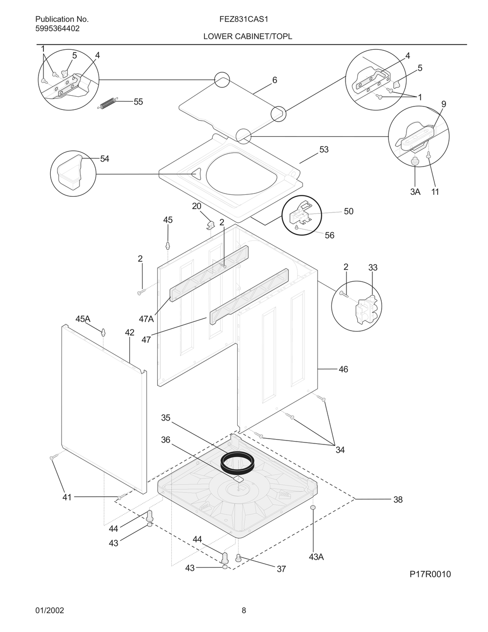 Lower Cabinet/Top Diagram and Parts List for FEZ831CAS1  Frigidaire Dryer