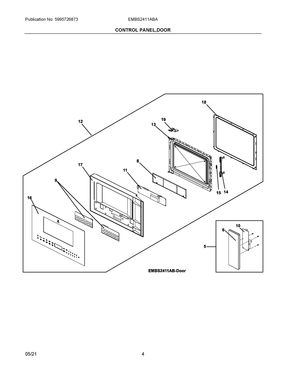 Control Panel, Door Diagram and Parts List for EMBS2411ABA  Frigidaire Microwave