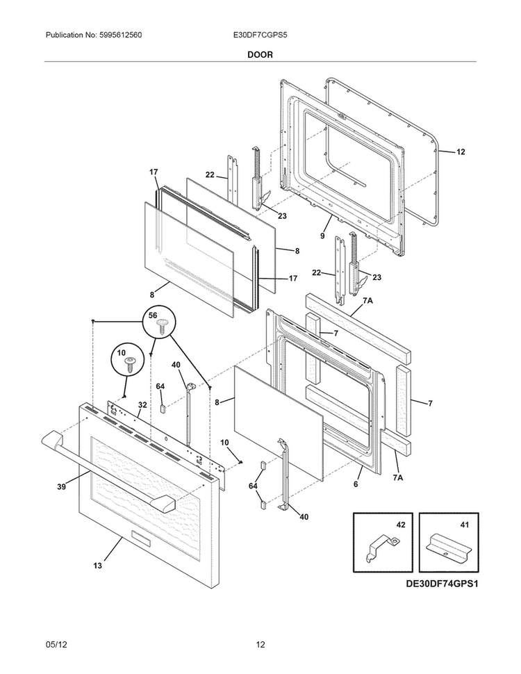 Door Diagram and Parts List for E30DF7CGPS5  Electrolux Range