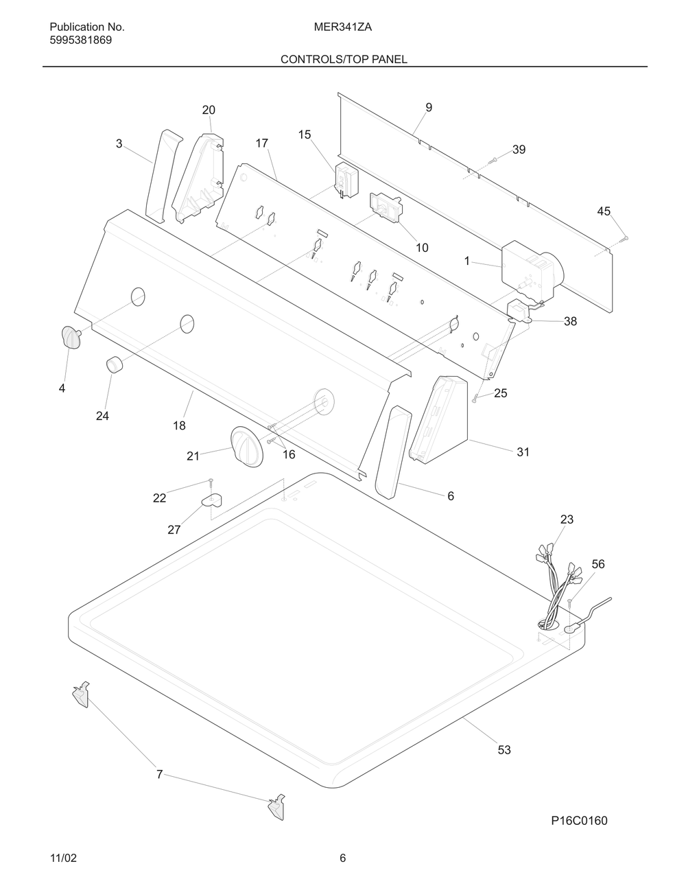Controls/Top Panel Diagram and Parts List for MER341ZAQ2  Frigidaire Dryer
