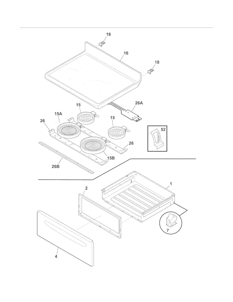Top/drawer Diagram and Parts List for FFEF3018LWG  Frigidaire Range