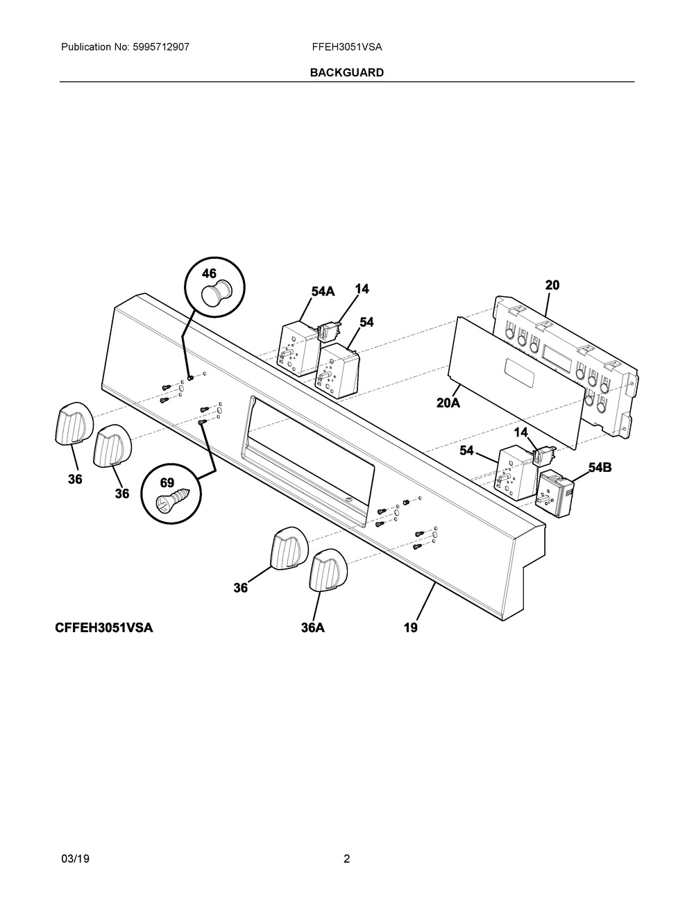 Backguard Diagram and Parts List for FFEH3051VSA  Frigidaire Range