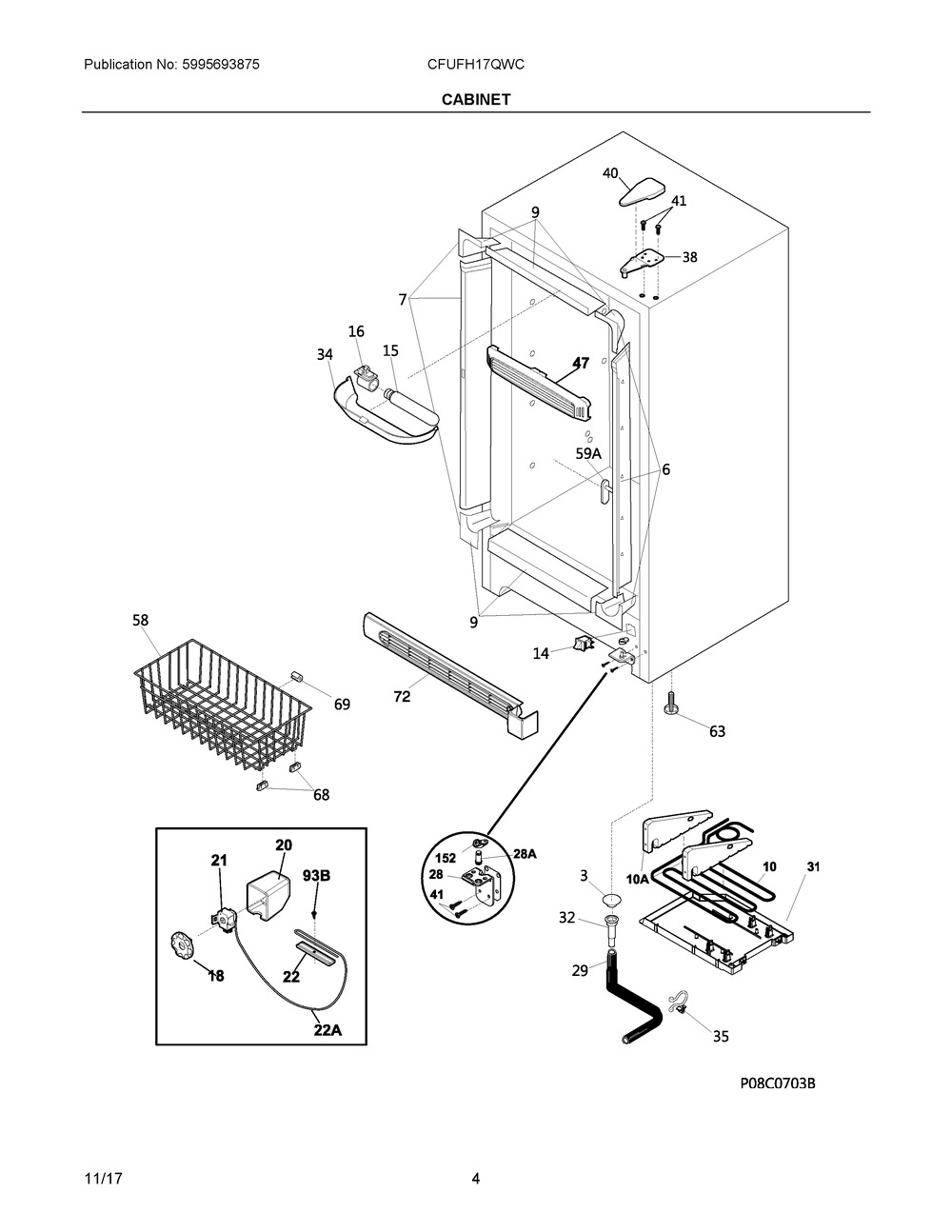 Cabinet Diagram and Parts List for CFUFH17QWC  Frigidaire Freezer