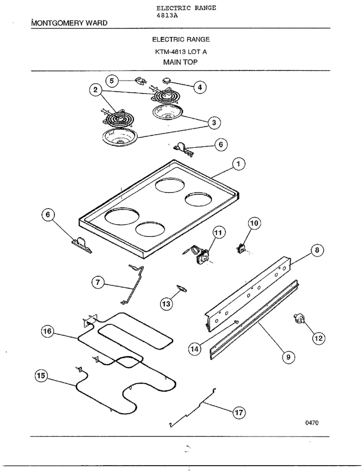 Main Top Diagram and Parts List for 4813A  Frigidaire Range
