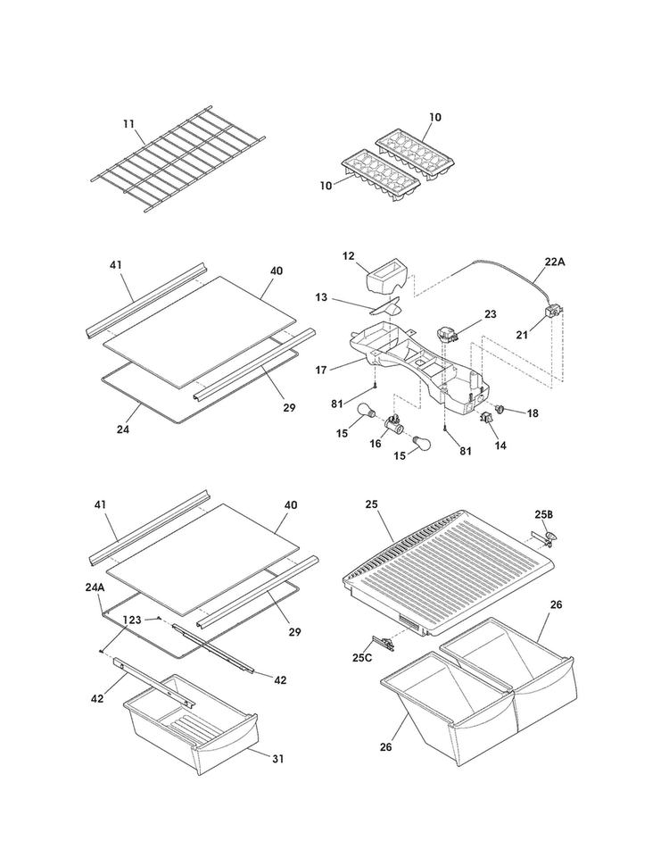 Shelves Diagram and Parts List for 25361789018  Kenmore Refrigerator