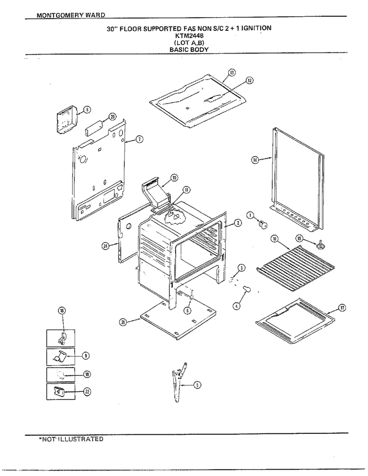 30" Floor Supported Gas Basic Body Diagram and Parts List for 2448A  Frigidaire Range