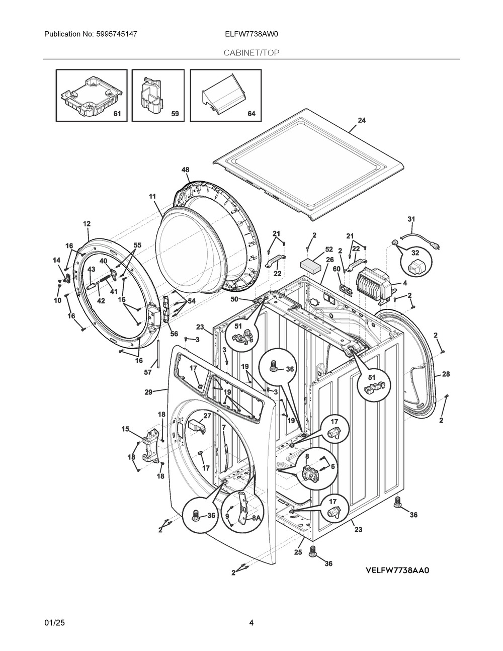 Cabinet/Top Diagram and Parts List for ELFW7738AW0  Frigidaire Washer