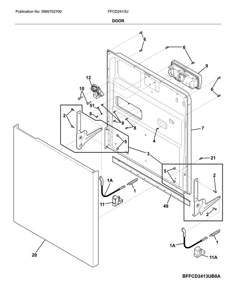 Door Diagram and Parts List for FFCD2413US0A  Frigidaire Dishwasher