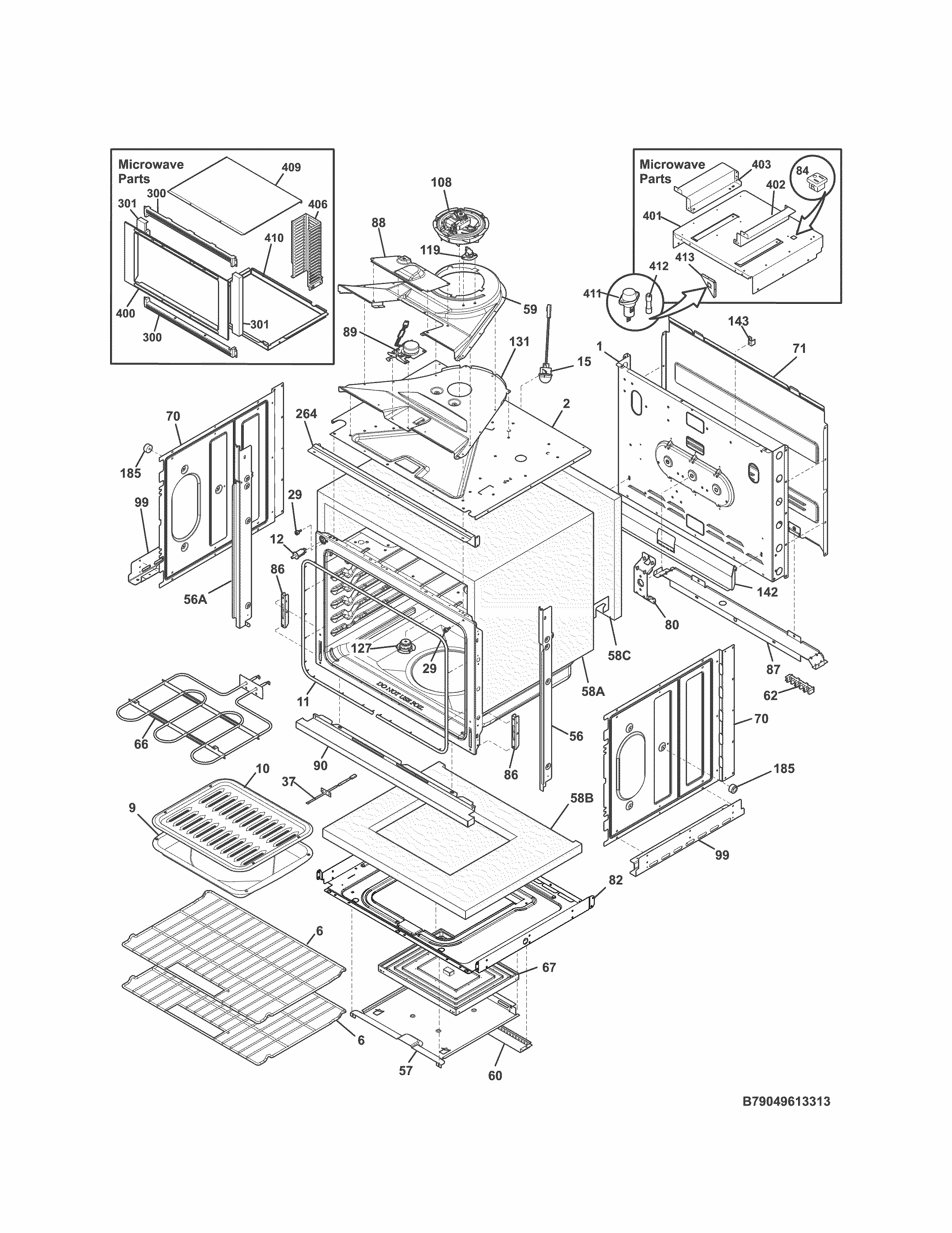 Lower Oven Diagram and Parts List for 79049612313  Kenmore Microwave