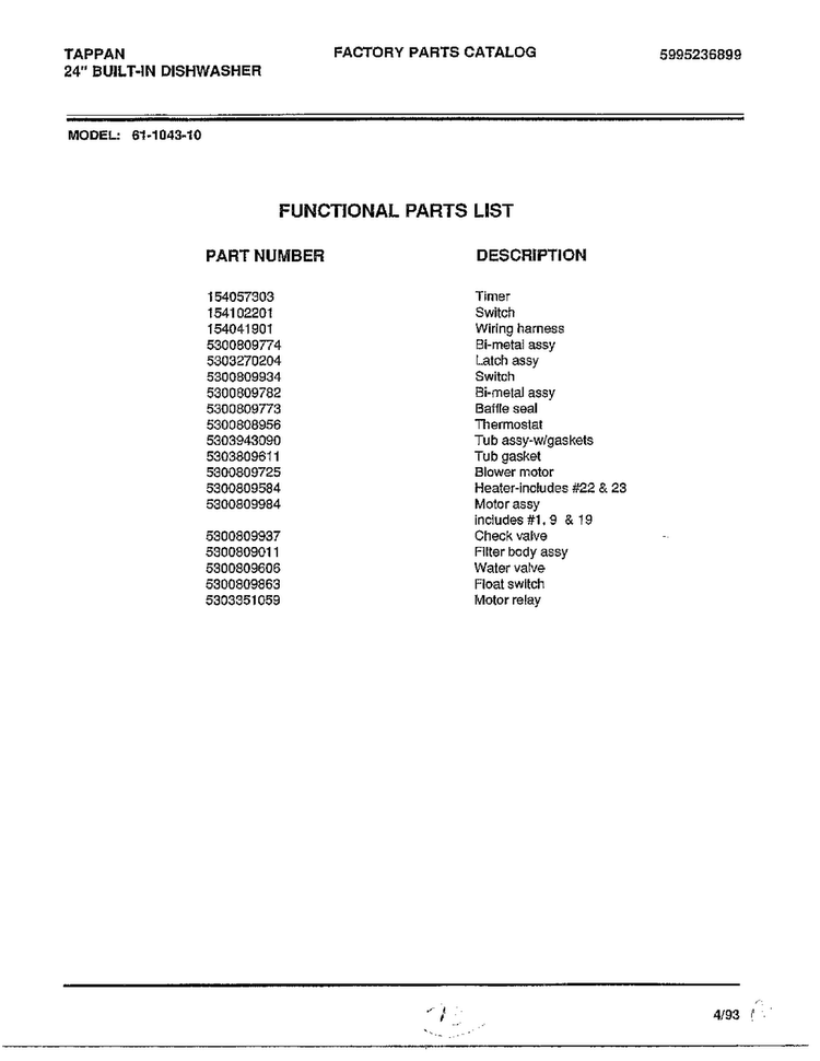 Functional Parts List Diagram and Parts List for 61-1043-10  Frigidaire Dishwasher