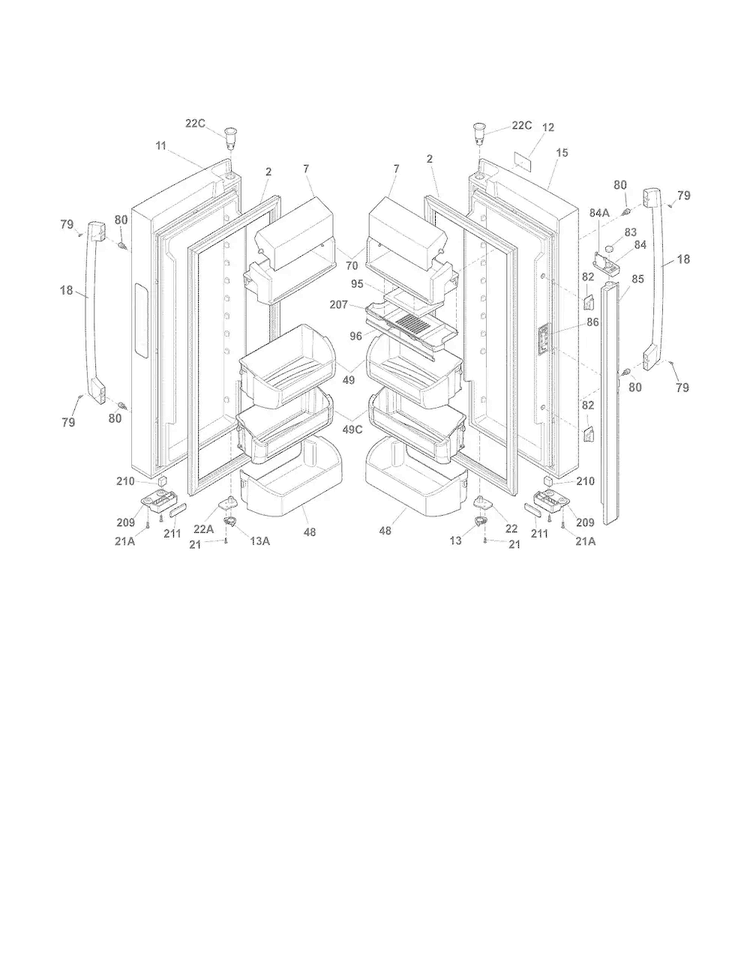 Fresh Food Doors Diagram and Parts List for FPHG2399PF0  Frigidaire Refrigerator