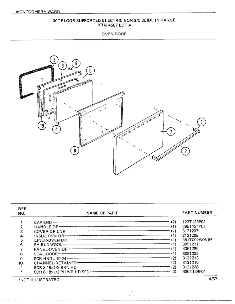 30" Floor/oven Door Diagram and Parts List for 4507A  Frigidaire Range