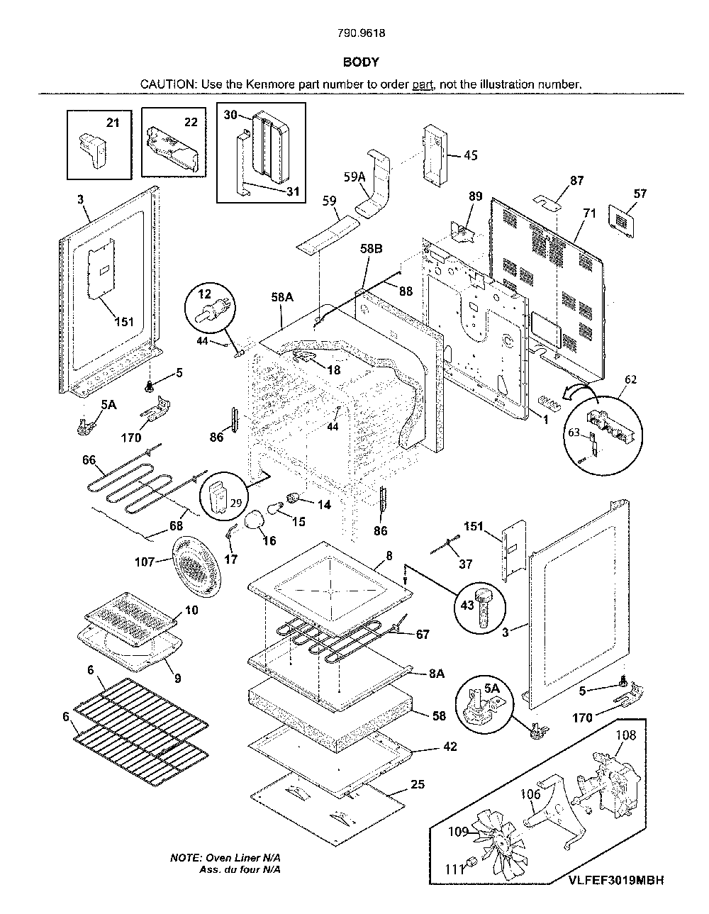Body Diagram and Parts List for 79096182713  Kenmore Range