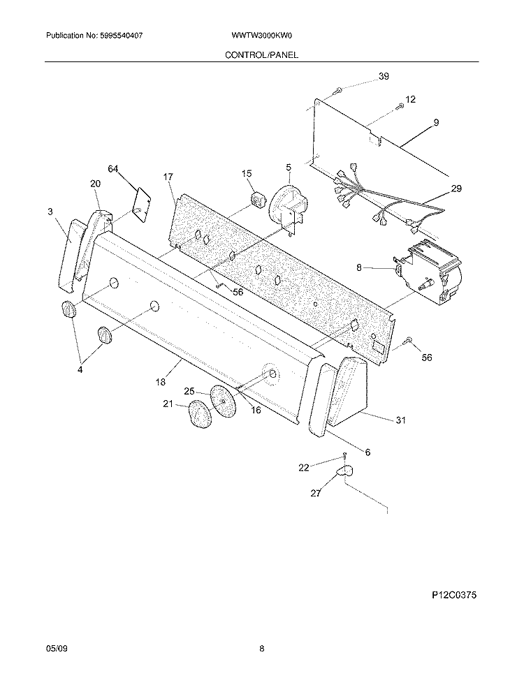 CONTROL/PANEL Diagram and Parts List for WWTW3000KW0  Westinghouse Washer