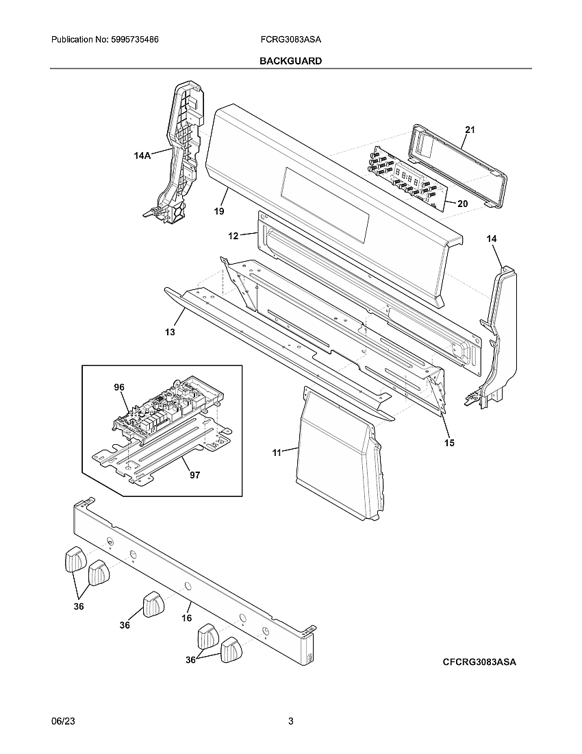 Backguard Diagram and Parts List for FCRG3083ASA  Frigidaire Range