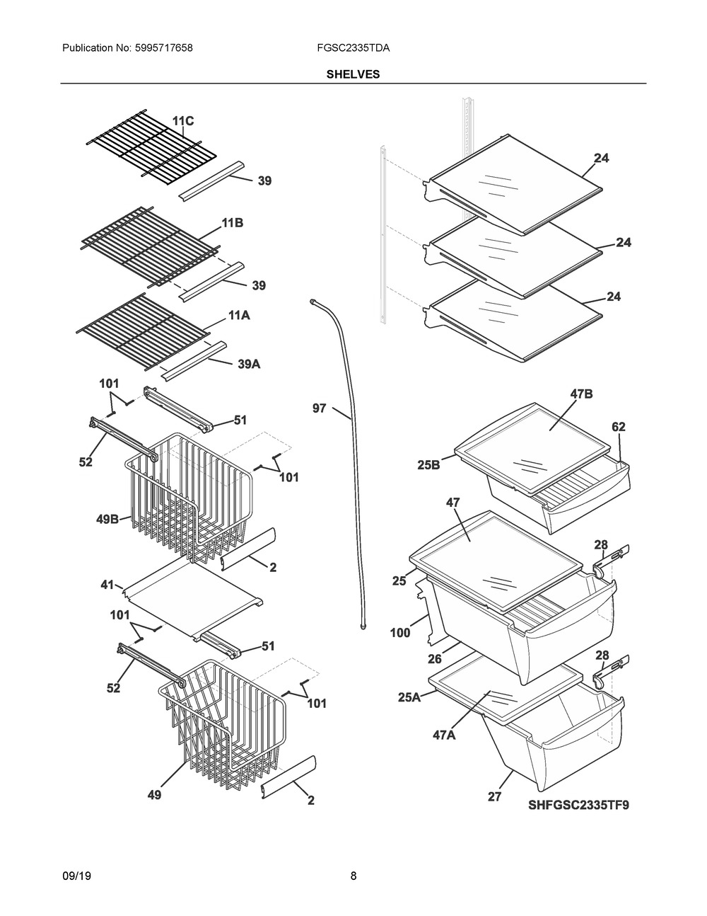 Shelves Diagram and Parts List for FGSC2335TDA  Frigidaire Refrigerator