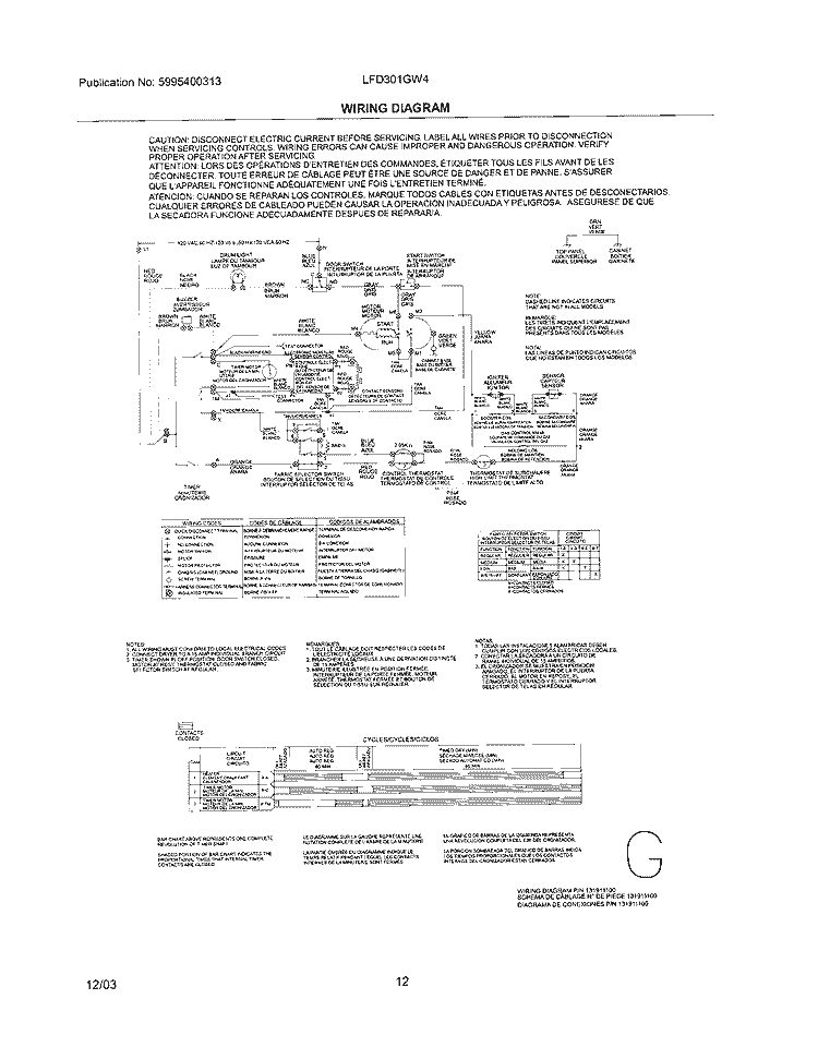 WIRING DIAGRAM Diagram and Parts List for LFD301GW4  Frigidaire Dryer