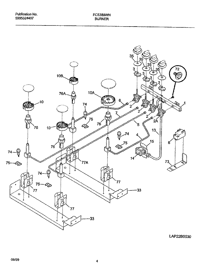 BURNER Diagram and Parts List for FCS388WHCA  Frigidaire Range