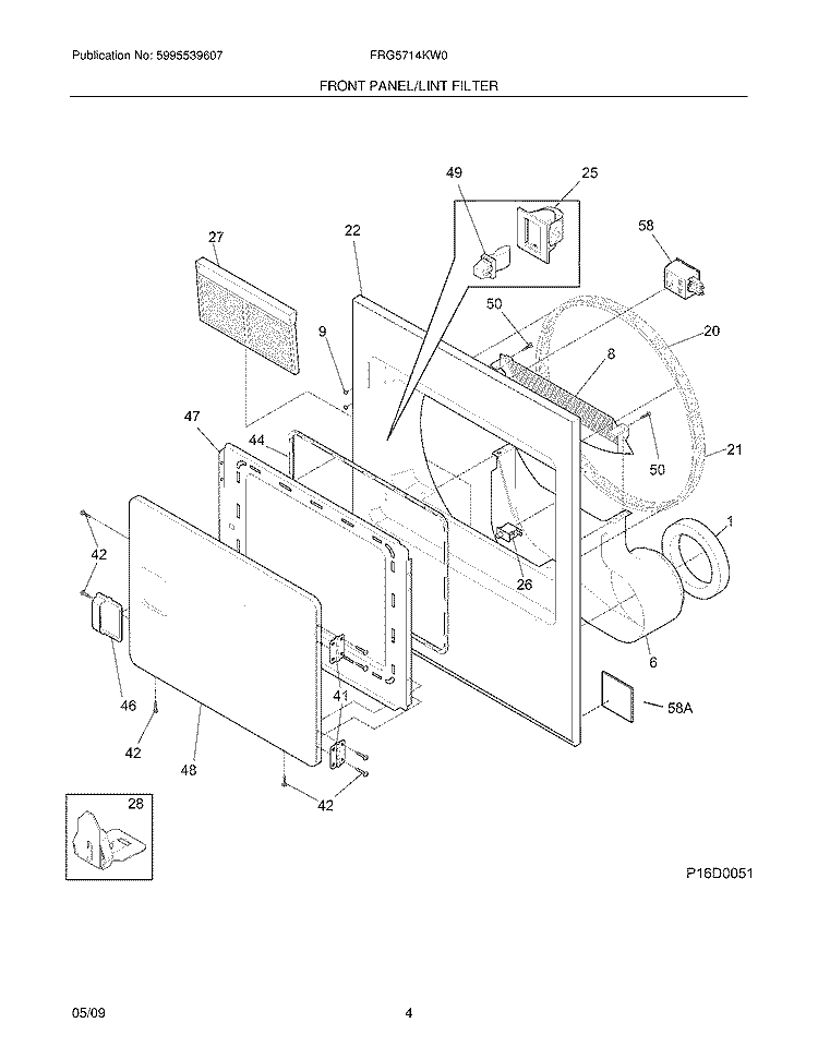 FRONT PANEL/LINT FILTER Diagram and Parts List for FRG5714KW0  Frigidaire Dryer