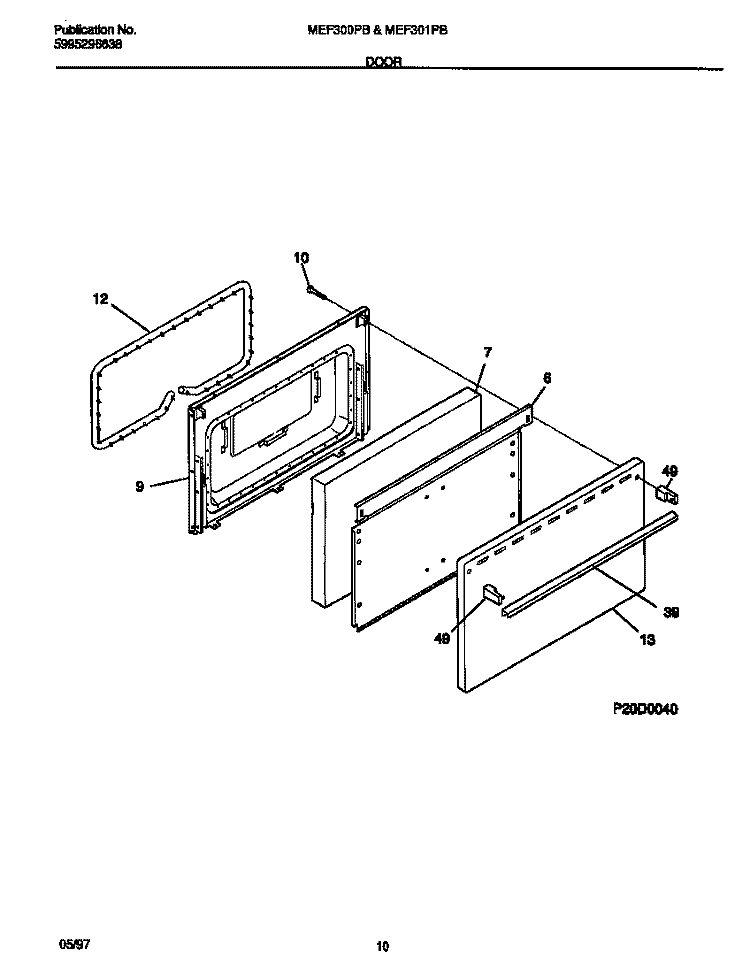 DOOR Diagram and Parts List for MEF301PBDJ  Frigidaire Range