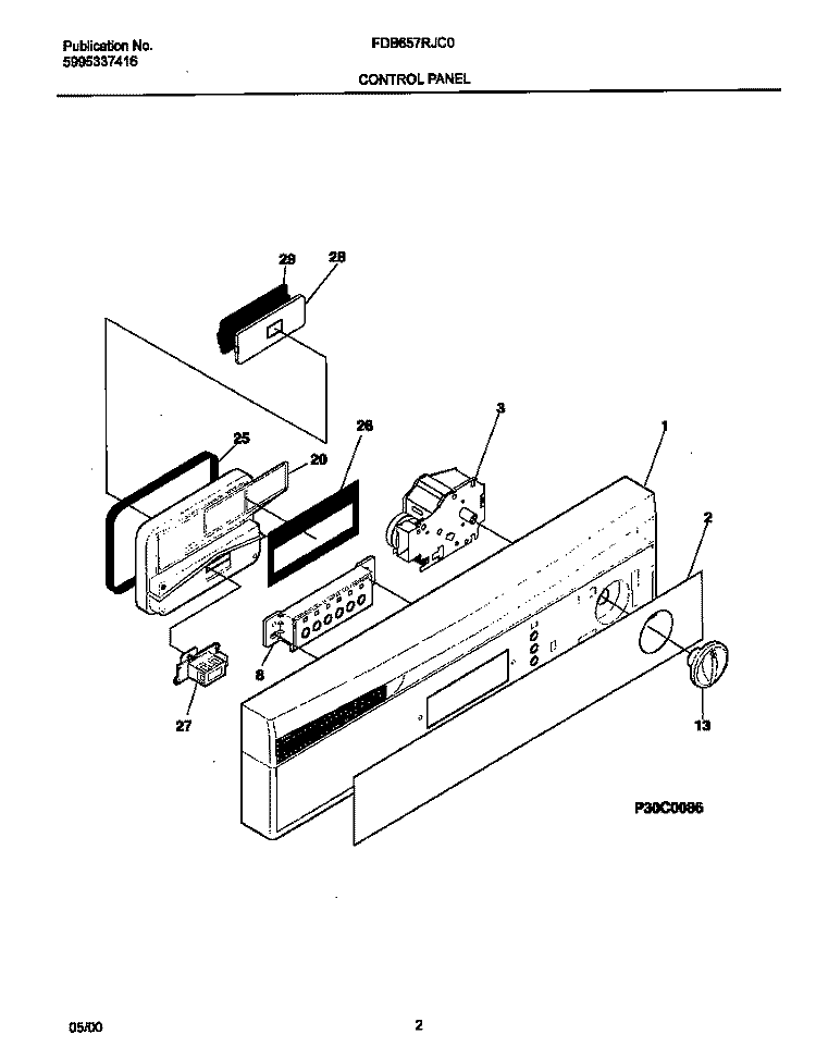 CONTROL PANEL Diagram and Parts List for FDB657RJC0  Frigidaire Dishwasher