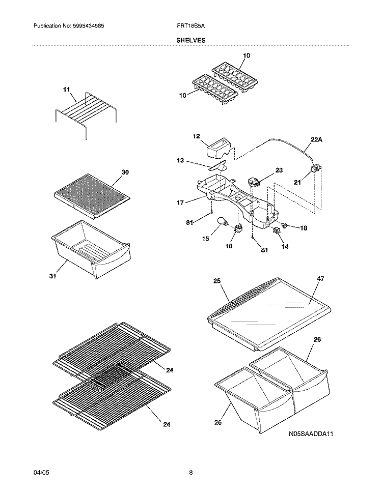 SHELVES Diagram and Parts List for FRT18B5ABA  Frigidaire Refrigerator