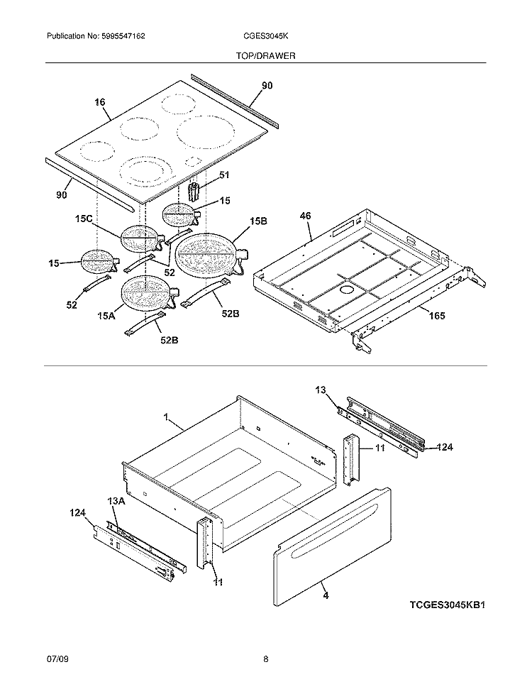 TOP/DRAWER Diagram and Parts List for CGES3045KB1  Frigidaire Range