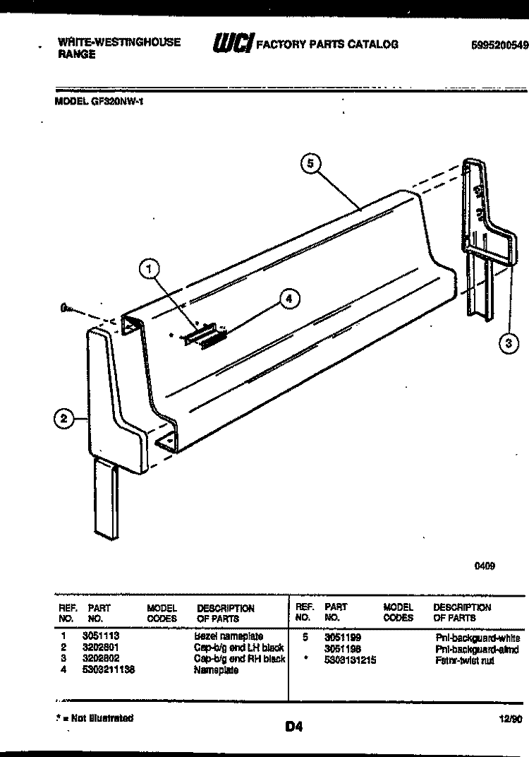 BACKGUARD Diagram and Parts List for GF320NW1  Frigidaire Range