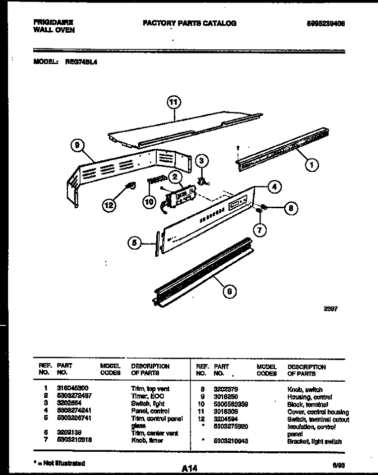 CONTROL PANEL Diagram and Parts List for REG74BL4  Frigidaire Wall Oven