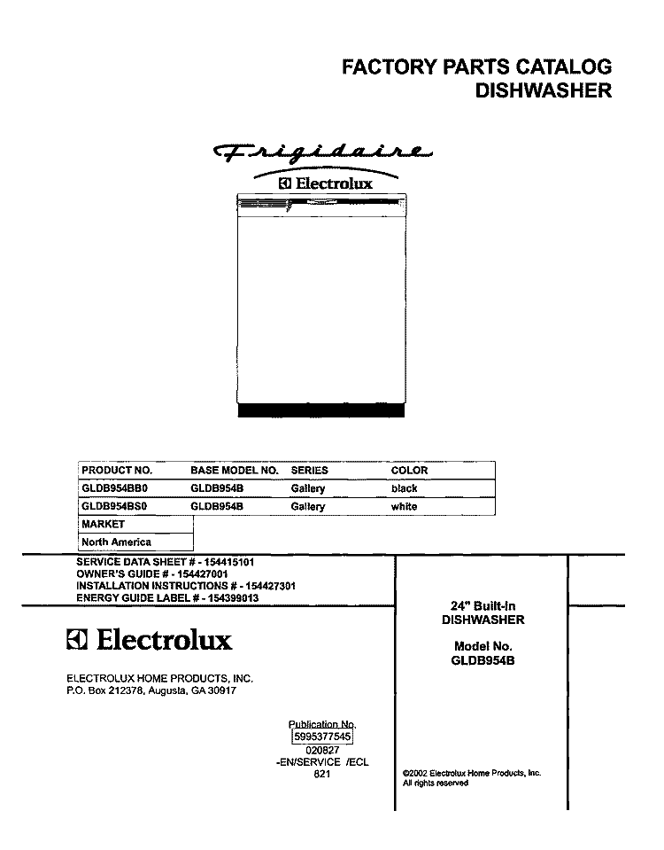 COVER Diagram and Parts List for GLDB954BB0  Frigidaire Dishwasher