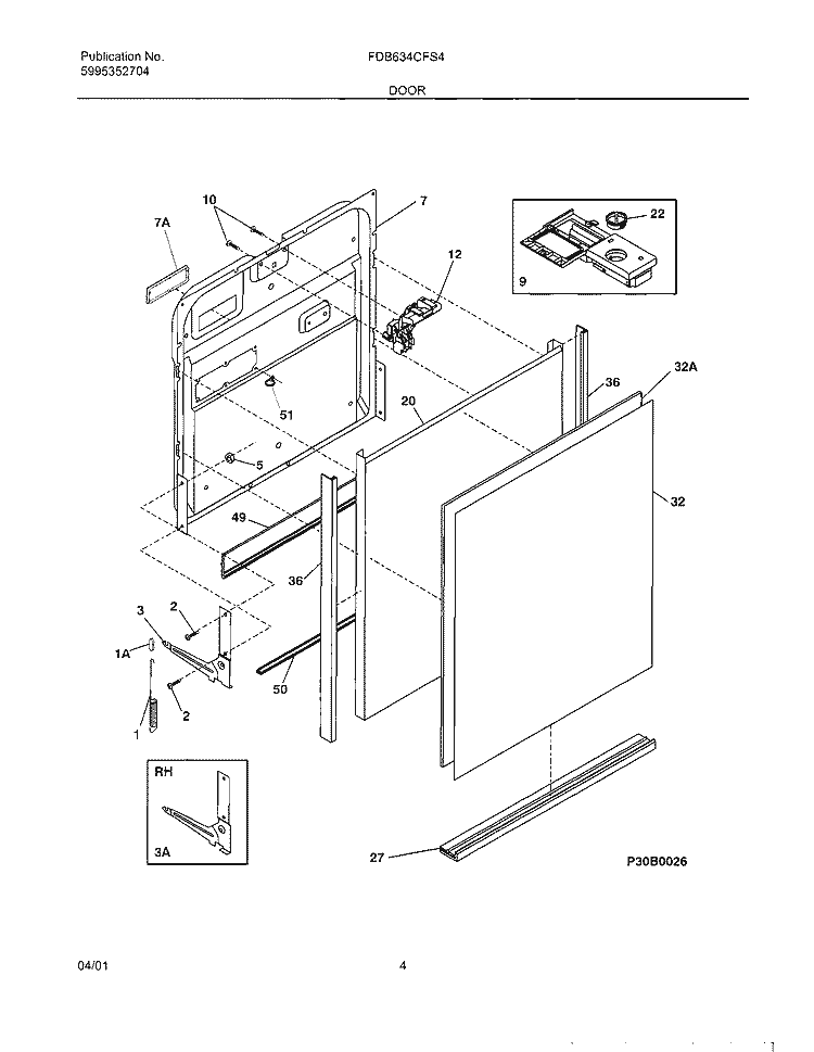 DOOR Diagram and Parts List for FDB634CFS4  Frigidaire Dishwasher