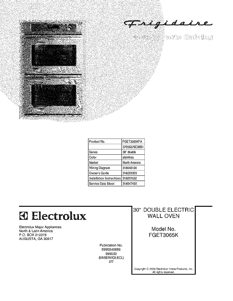COVER Diagram and Parts List for FGET3065KBA  Frigidaire Wall Oven