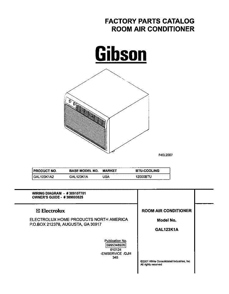 COVER Diagram and Parts List for GAL123K1A2  Gibson Air Conditioner