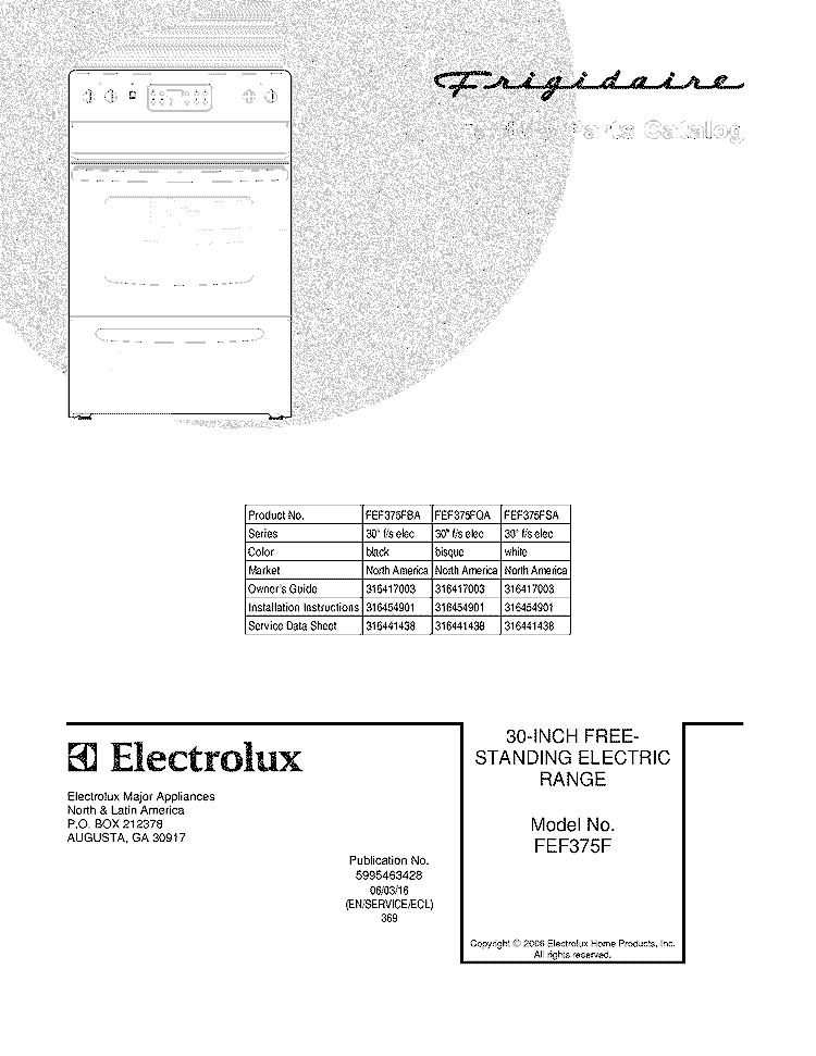COVER Diagram and Parts List for FEF375FBA  Frigidaire Range