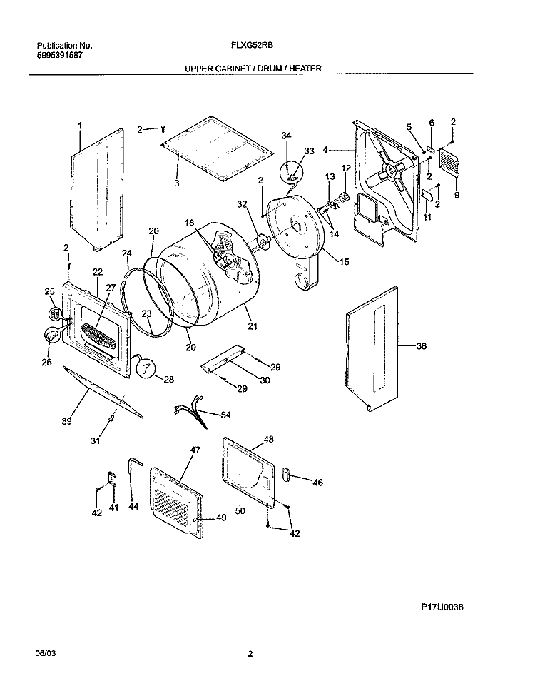 UPPER CABINET / DRUM / HEATER Diagram and Parts List for FLXG52RBSB  Frigidaire Washer Dryer Combo