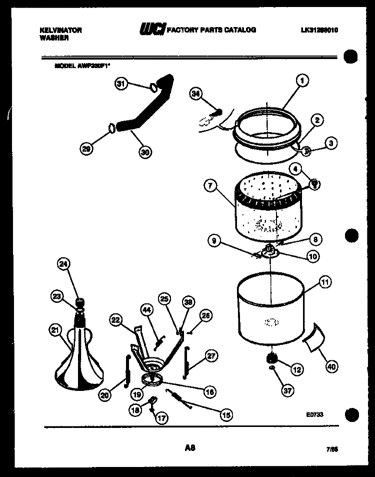 TUB DETAIL Diagram and Parts List for AWP330F1W  Kelvinator Washer