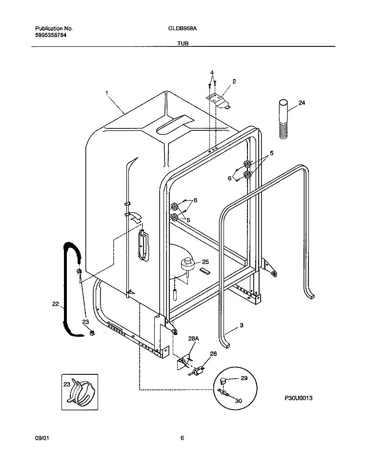 TUB Diagram and Parts List for GLDB958AQ0  Frigidaire Dishwasher
