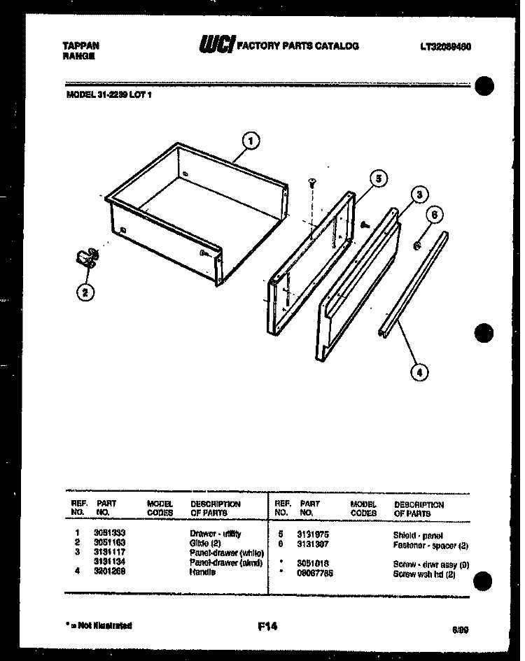 DRAWER PARTS Diagram and Parts List for 31-2239-23-01  Tappan Range