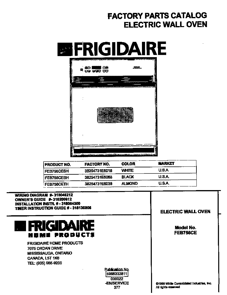 COVER Diagram and Parts List for FEB756CETH  Frigidaire Wall Oven