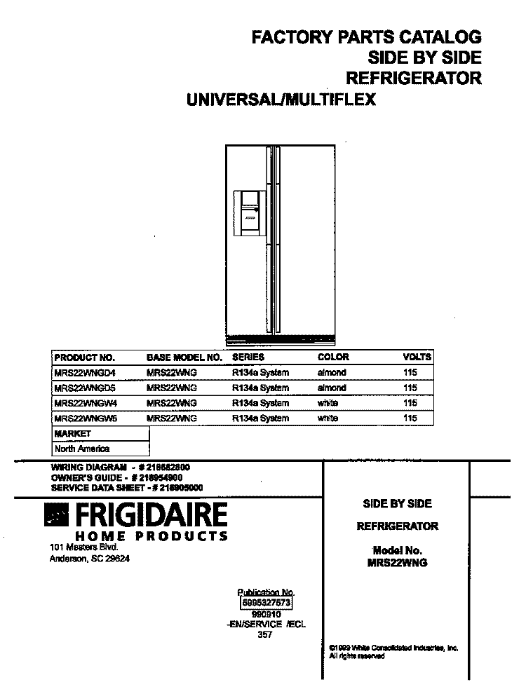 COVER Diagram and Parts List for MRS22WNGW4  Uni Refrigerator