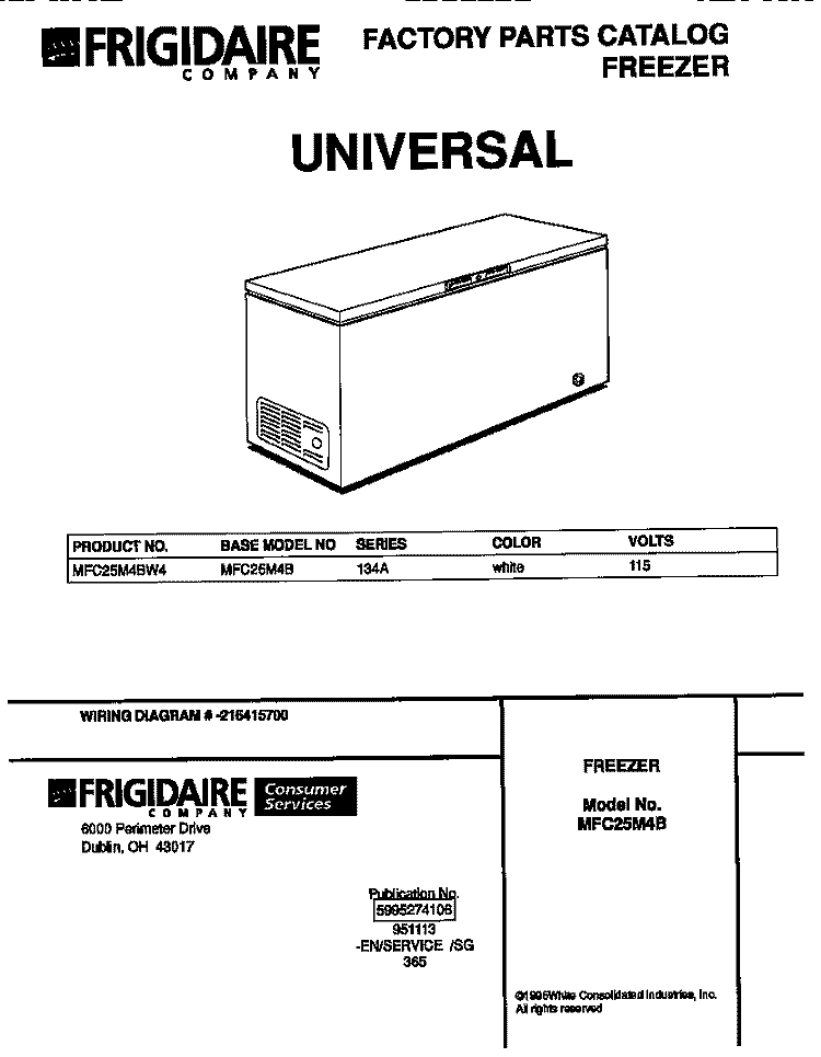 COVER Diagram and Parts List for MFC25M4BW4  Frigidaire Freezer