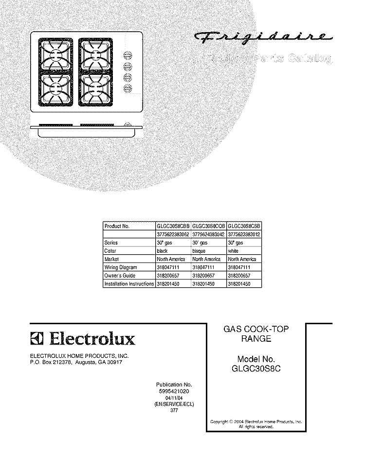 COVER Diagram and Parts List for GLGC30S8CQB  Frigidaire Cooktop