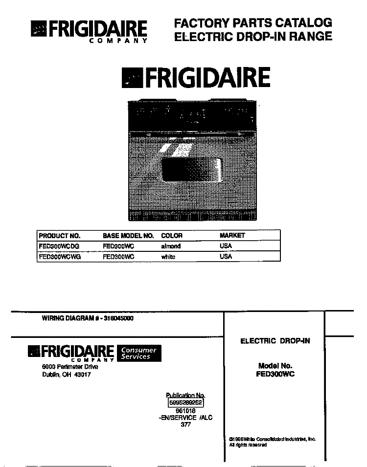 COVER Diagram and Parts List for FED300WCDG  Frigidaire Range
