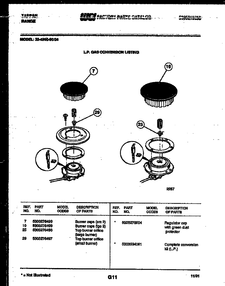BURNER PARTS Diagram and Parts List for 30-4980-00-04  Tappan Range