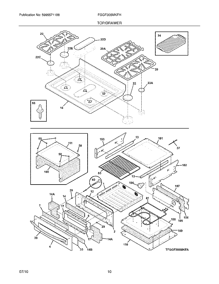 TOP/DRAWER Diagram and Parts List for FGGF305MKFH  Frigidaire Range