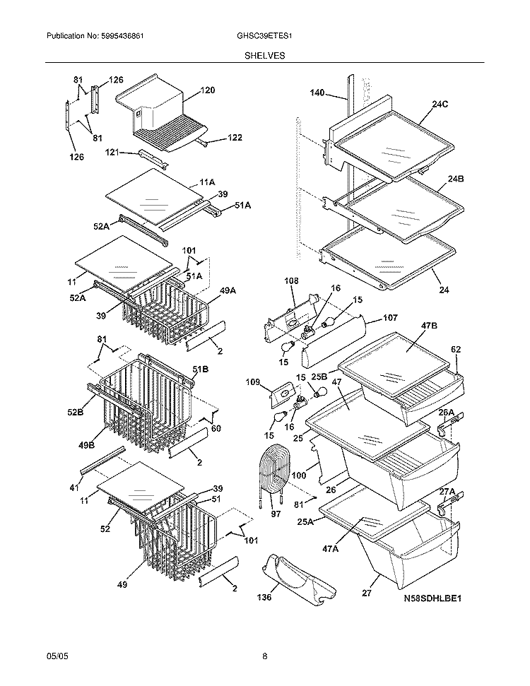 SHELVES Diagram and Parts List for GHSC39ETES1  Frigidaire Refrigerator
